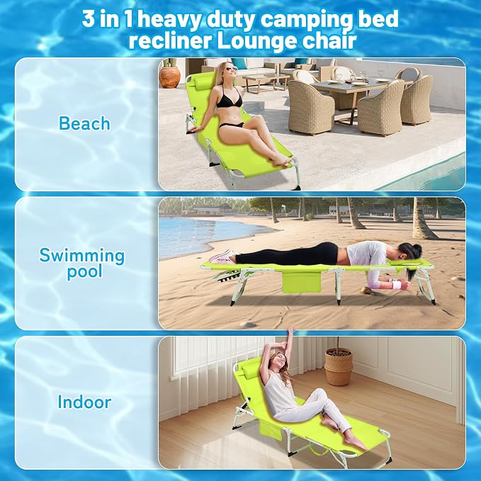 Outdoor Chaise Lounge with Detachable Pillow, Reclining Folding Chair with 5-Position Adjustable Back, Portable Tanning Chair For Beach, Pool, Lawn, Breathable Mesh Seat, No Assembly (Green 3)