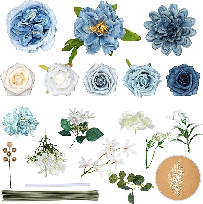 Blue Silk Flowers bulk Artificial - Fake Roses with Stems, Combo Dusty Blue Flowers for DIY Wedding Bouquets Bridal Shower Centerpieces, Home Decorations, Table Centerpieces, Floral Arrangement.