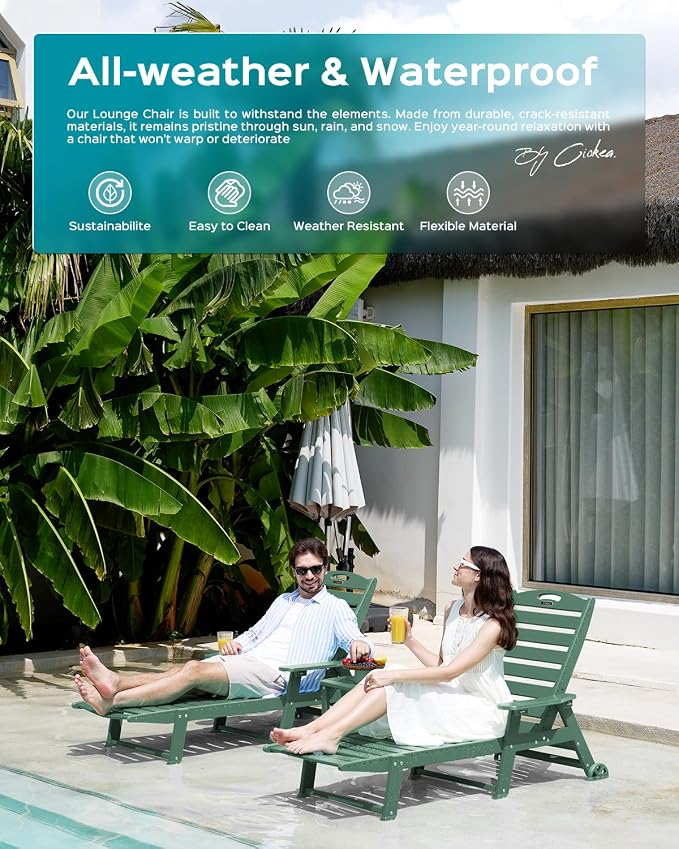 Ciokea Outdoor Lounge Chair with Rolling Wheels & Cup Holder, All Weather Patio Chaise Lounge Chair for Outside, 5 Position, HDPE Chair for Patio Deck, Pool, Green