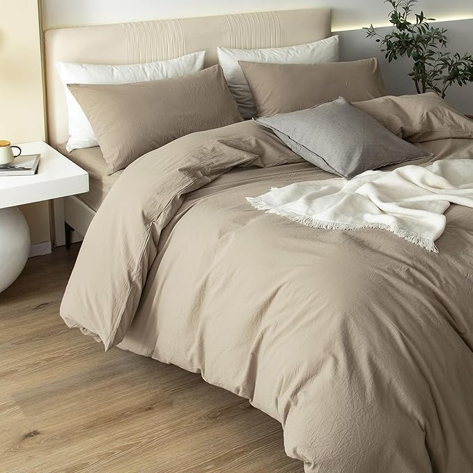 JIYUAN 100% Washed Cotton Duvet Cover Set 3 Pieces Super King, 1 Duvet Cover 108x98 Inches(Comforter Not Included) and 2 Pillowcases,Linen Feel Bedding Set Comfy and Breathable,Khaki