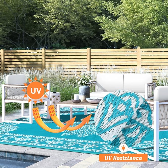 Yamaziot Outdoor Rug 6x9 Ft, Waterproof Plastic Straw Patio Rug, Reversible Backyard Carpet UV Resistant Portable RV Mat Clearance, Large Indoor Outdoor Rug for Patio, Porch, Deck, Balcony, Teal