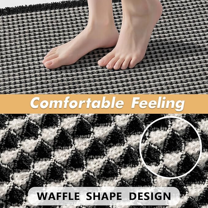 MIULEE Set of 2 Waffle Bathroom Rugs, Boho Bath Rugs Non Slip Washable, Super Absorbent Bath Mats, Ultra Soft Rubber Backed Shower Mats for Bathroom Floor, Tub and Shower, Black & Cream, 17x24 Inch
