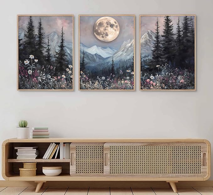 3Pcs Full Moon Forest Canvas Wall Art Moody Dark Forest Moonlit Pine Tree Mountains Wildflowers Wall Decor Wildflower Moon Poster Print Artwork for Bedroom Living Room Decoration Unframed