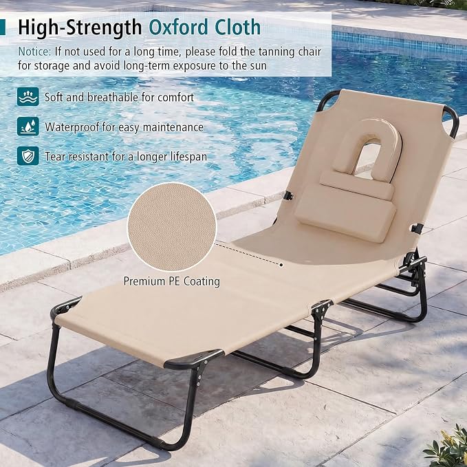 GYMAX Tanning Chair, Folding Lounge Chairs with Face Hole & Cover, Removable Pillow Carry Handle, Portable Compact Outdoor Layout Recliner for Beach, Poolside, Lawn, Patio, Camping (Sand,2)
