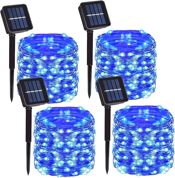 4 Pack Solar Powered Copper Wire String Lights Outdoor, Total 400 LEDWaterproof 8 Modes Fairy Lights for Garden, Patio, Party, Yard, Christmas (Blue)