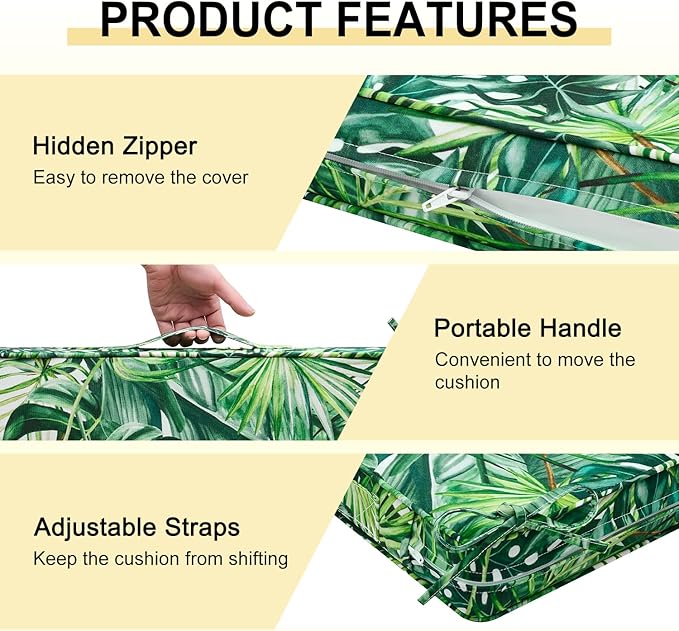 downluxe Outdoor Chair Cushions Set of 4, Waterproof 19" x 19" x 3" Patio Chair Cushion with Non-Slip Ties & Handle, Square Outdoor Cushion for Patio Furniture with Removable Cover, Palm Leaves