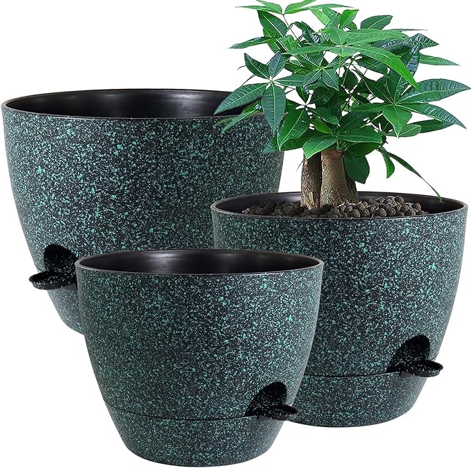 Large Self Watering Pots, 12/10/9 Plastic Planters with High Drainage Holes and Deep Reservoir for Indoor Outdoor Garden Plants and Flowers, Black with Green Speckles