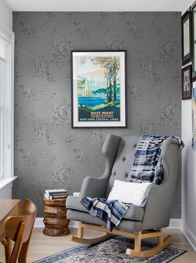 Erfoni 394"x17.7" Grey Floral Embossed Wallpaper