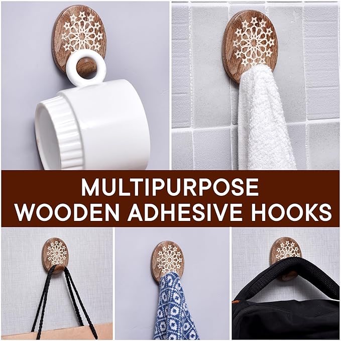 Indian Shelf 6 Lb- 3 Pieces Decorative Wood Adhesive Wall Hooks–Boho Peel and
