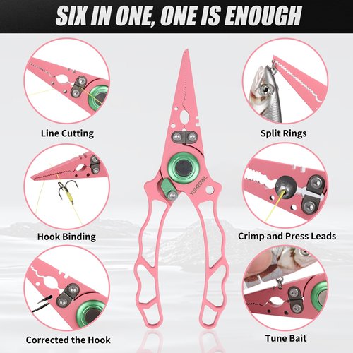 YUMEOWL Lockable Fishing Pliers & Hook Removers with Tungsten Steel Cutters, Non-Stick Coating, Ergonomic Handle and Lost Rope,Sheath - Lightweight, Multi-Function Fishing Gear, Pink 6.6" 3.8 oz