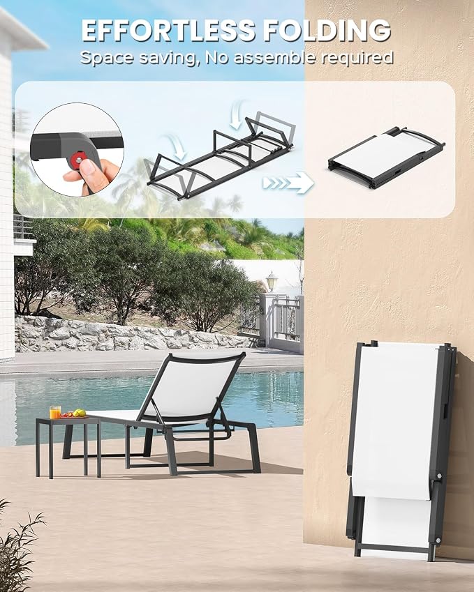 Aluminum Chaise Lounge Chair Outdoor, Foldable& No Assembly Patio Pool Lounge Chairs 5-Position Recliner for Outside, Fully Grounded Legs Sun Lounger for Poolside, Bright White, 2 Pack
