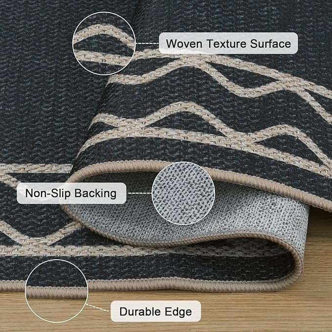 OJIA Easy Jute Front Door Mats Outdoor Rug 3x5 Washable Rugs for Entryway, Wavy Border Black Indoor Outdoor Rugs Non-Slip Doormat Entry Rugs Farmhouse Area Rug for Porch Outside Kitchen Living Room