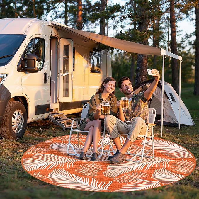 Pauwer Waterproof Outdoor Rug 8ft, Reversible Plastic Straw Patio Camping Rug, Indoor Outdoor RV Mat Carpet for Deck, Camper, Porch, Balcony, Backyard, Picnic, Leaf Orange