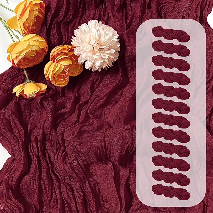 12 Pack Burgundy Red Cheesecloth Table Runner 17 x 108 Inch Gauze Table Runner Fabric Semi Sheer Cheese Cloth Table Decor Bulk for Rustic Romantic Wedding Baby Shower Table Decoration