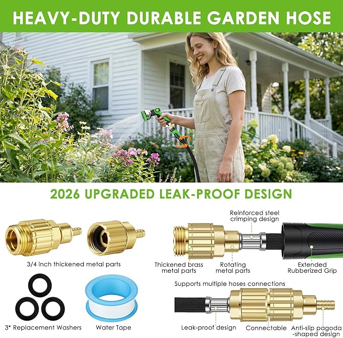 Garden Hose 150 ft, Non-Expandable Ultra-Lightweight Flexible Hose with 360° Dual-End Anti-Kink Design, 10-Pattern Spray Nozzle, 500 PSI Leak-Proof, 96-Strand Braided Fabric, Storage Strap