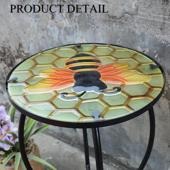 Bee Patio Side Table, Small Patio Outdoor Side Table, Plant Table,Metal Glass End Table for Porch Garden Yard Pool.