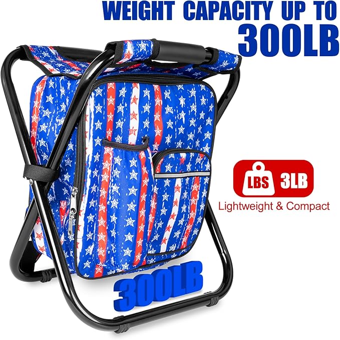 Kikerike Backpack Stool Cooler Chair Heavy Duty 300 LBS Max Load Portable Lightweight Stool Backpack Folding Fishing Cooler Seat for Camping Hunting Fishing - American Flag