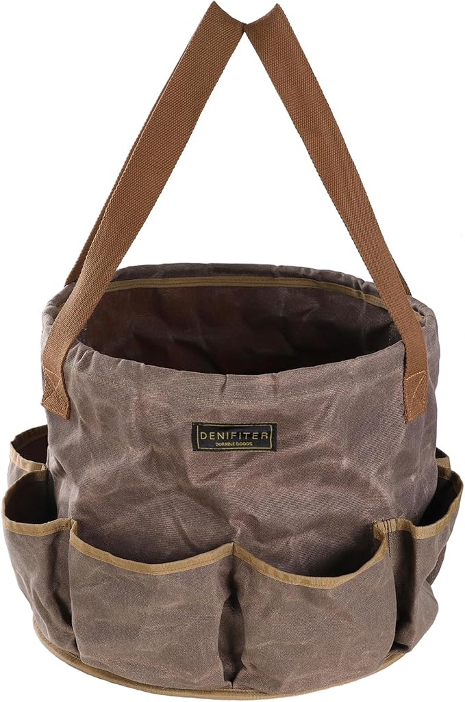 Heavy-Duty 16oz Waxed Canvas Tool Bag - 14" Foldable Open Top Organizer with Metal Frame, 8 Pockets & Reinforced Handle | Grey