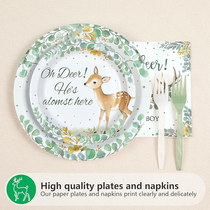 96Pcs Oh Deer He's Almost Here Baby Shower Party Supplies Green Deer Plates and Napkins Woodland Animal Tableware Set for Boy Animal Baby Shower Gender Reveal Party Supplies，Serves 24