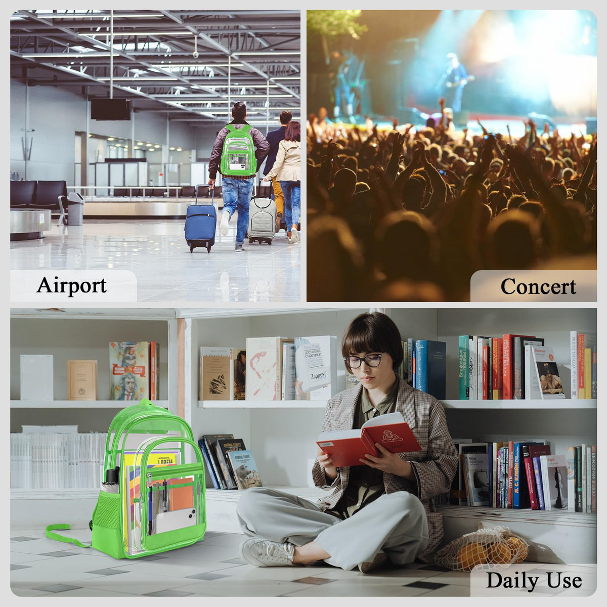KIMNERPU Clear Backpack, Heavy Duty PVC Transparent Backpack with Reinforced Straps, See Through Multiple Pockets Large Capacity Bookbag for Concert Work Security Travel Festival (Green)