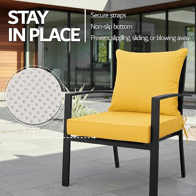 22x22 Inch Patio Chair Cushions Set of 2, Outdoor Furniture Cushions - Removable Cover, Water-Repellent, Fade-Resistant, Non-Slip Bottom & Straps, Replacement for Lawn, Porch & Deck Chair - Yellow
