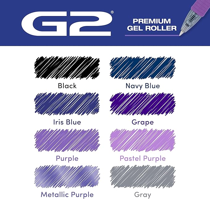 Pilot G2 Premium Gel Roller Pens, Fine Point Gel Pens, Boost Purple Pack, The Colors of Creativity, 8-Pack Pouch, 0.7 mm, Assorted - Ideal for School, Journaling, & Office Writing