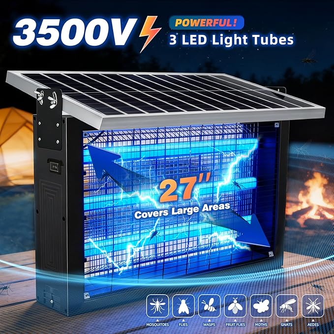 Super Large Solar Bug Zapper Outdoor for 8000 sq.ft, Portable Solar Bug Zapper with High Powered, Rechargeable Electric Bug Zapper for Patio Garden Backyard RV Camping Farm and Large Spaces