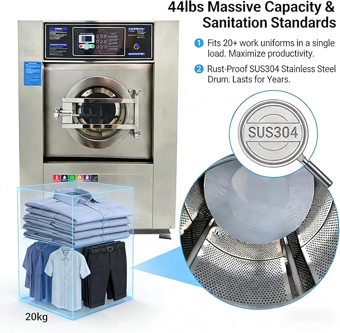 Industrial Front Load Washer Dryer Combo All-in-One Washing Machine with Wash, Spin & Dry 44LBS SUS304 Stainless Steel, Commercial Laundry Machine for Hotel/Hospital/Laundry Shop 220V 60Hz