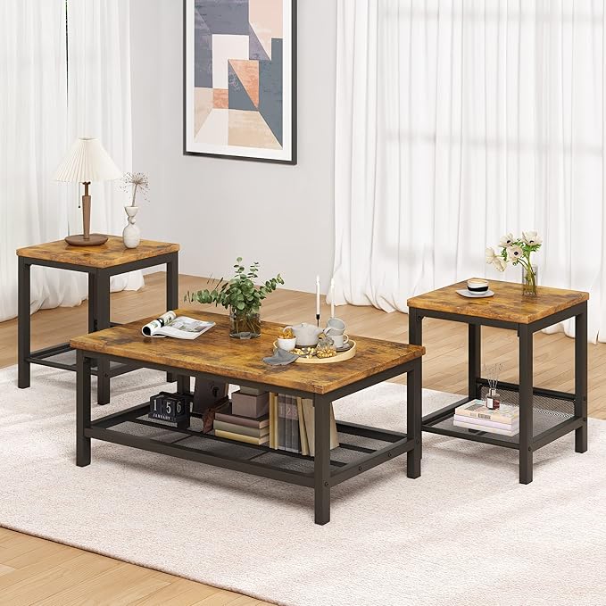AWQM Coffee Table Industrial Coffee Table with 2 Square End Side Tables, Modern Living Room Table Set with Metal Frame for Apartment Home Office, Rustic Brown Set001