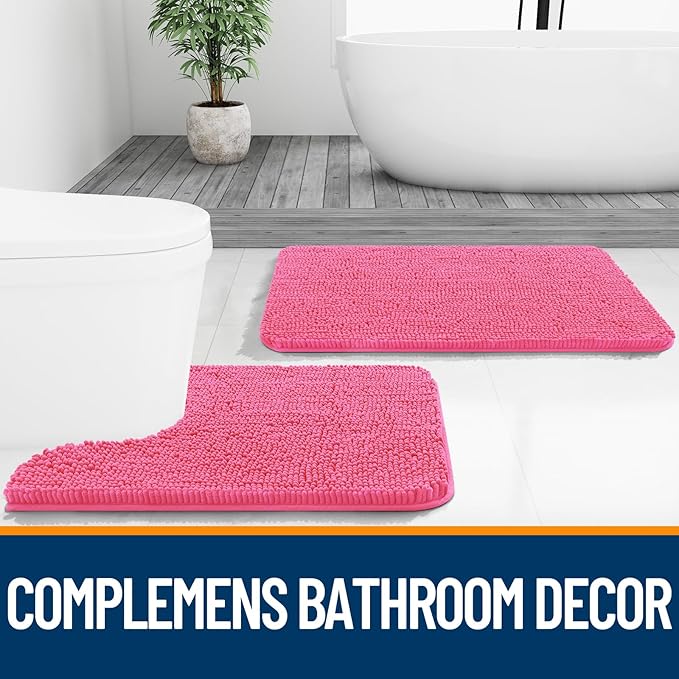 OLANLY Bathroom Rugs 70x46, Extra Soft Absorbent Chenille Bath Rugs, Rubber Backing Quick Dry, Machine Washable Bath Mats for Bathroom Floor, Tub and Shower, Home Decor Accessories, Hot Pink