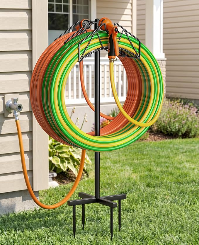 Garden Hose Holder, Double-Sided Water Hose Holder Stand Holds 2×160ft, Heavy Duty Freestanding Hose Storage Rack Hanging with Spikes, Metal Hanger for Outside Garden Yard Lawn Farm Gardening Tools
