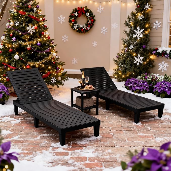 Outdoor Lounge Chair Set of 2 with 1 Black Side Table, 5-Positions Adjustable Patio Chaise Lounge with End Table, Waterproof Pool Lounge Chairs for Poolside, Backyard, Striped Black