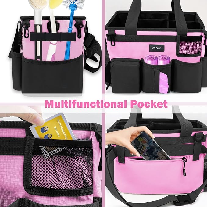 Wearable Cleaning Caddy Bag,Cleaning Supply Tote for Cleaning Supplies, Cleaning Organizer with Adjustable Shoulder and Waist Straps for Cleaners & Housekeepers (Large, Pink)