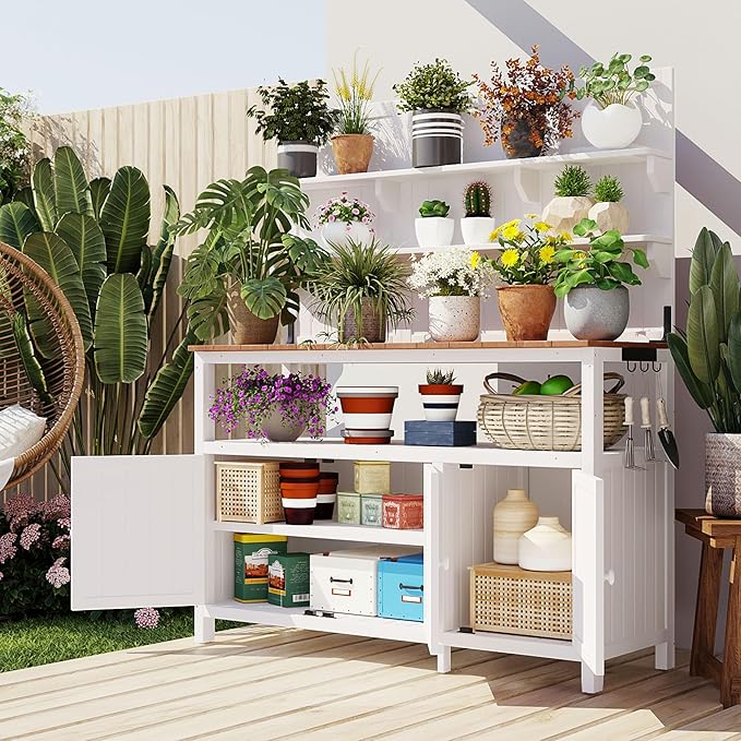 Christopher Knight Home Belfast 50.20" W Outdoor Potting Bench Table, Fir Wood Potting Table, Large Gardening Workstation with Storage Shelf, Ample Space Garden Tools Organizer for Backyard, White