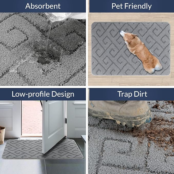 Walensee Indoor Doormat, Front Door Mat for Entrance (20"x32"Light Grey) Machine Washable Entryway Rug, Non Slip Trapper Door Rugs Absorbent Dirt Low Profile Shoes Scraper Inside Floor Mats