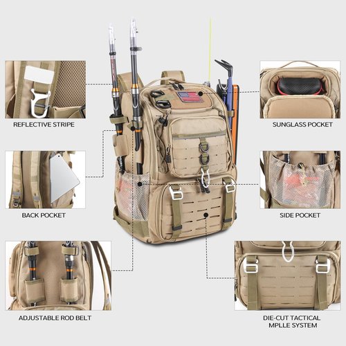 Bagenerous 39L Fishing Tackle Backpack with Rod Holders & Cooler,Water-resistant Fishing Gear Storage Bag with Protective Rain Cover,Khaki