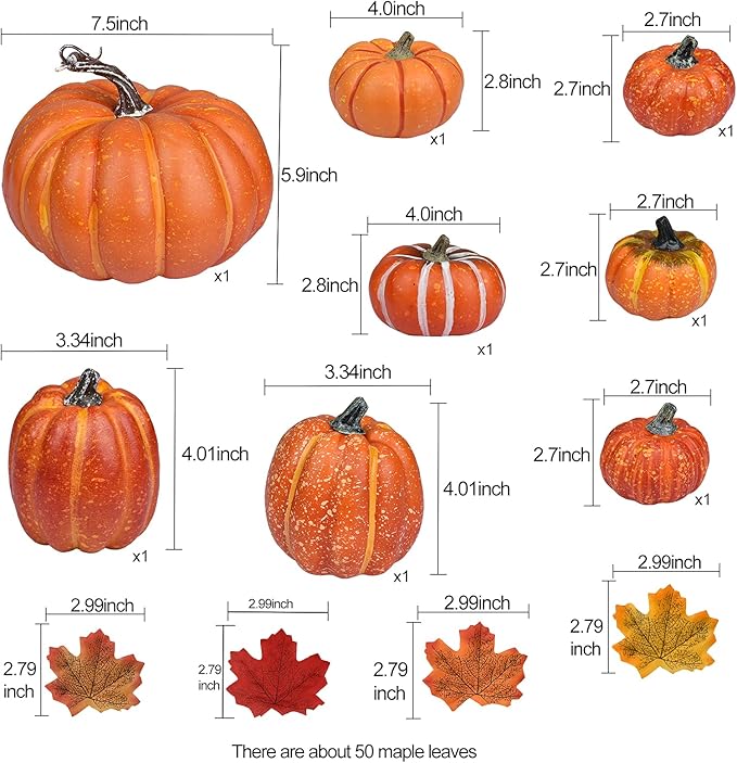 DearHouse 8Pcs Thanksgiving Artificial Pumpkins Home Decoration Sets and 50PCS Maple Leaves, Artificial Vegetables Pumpkins for Fall Harvest Decoration