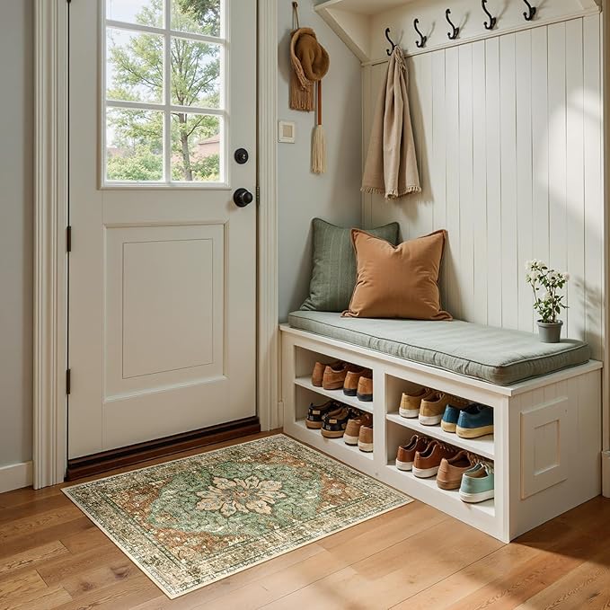 Area Rugs 2'x3' Kitchen Rugs Entry Rug Small Rugs for Entryway Kitchen Bathroom Door Mat Indoor Entrance,Washable Non Slip, Brick Red Rust Neutral Brown Burnt Orange Green