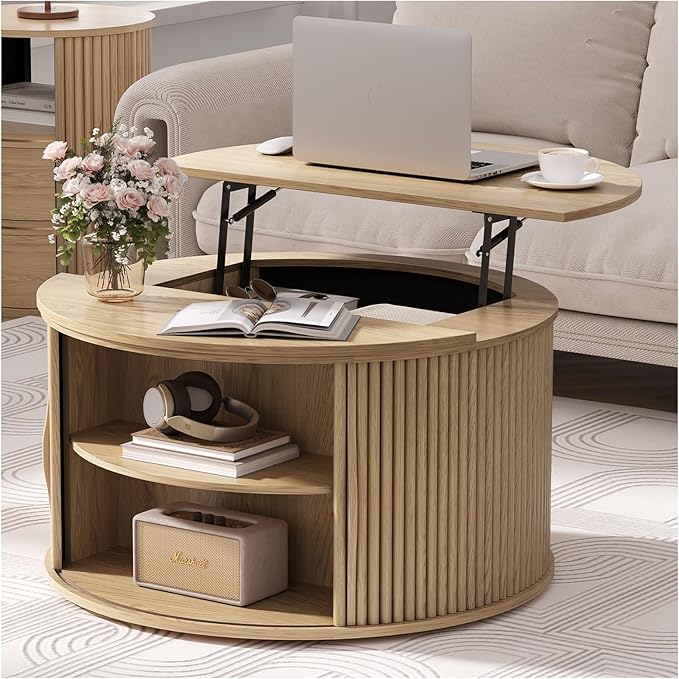 31.5" Round Lift Top Coffee Table,Natural Oak Modern Fluted Drum Center Table with Hidden Storage, Japandi Scandi Wood Circle Desk for Boho Living Room & Apartment