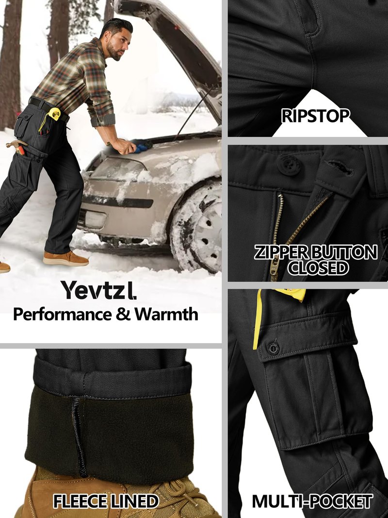 Yevtzl Men's Fleece Lined Hiking Cargo Pants, Snow Ski Winter Insulated Work Pants Mens Tactical Pant for Camping Safari with Pocket (US, Numeric, 34, Regular, Regular, Black)