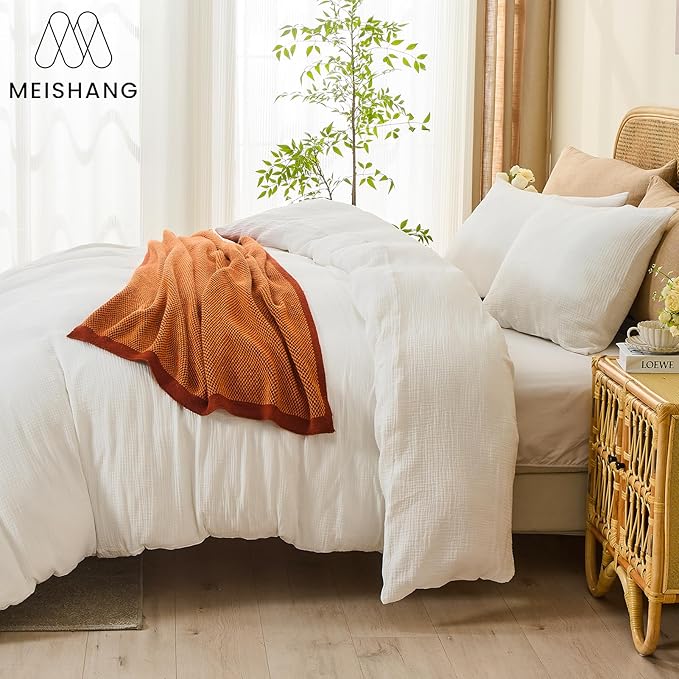MEISHANG Muslin Duvet Cover Queen Size - 100% Organic Cotton, Soft Textured Gauze Weave Comforter Cover for Breathable All-Season with Zipper Closure - 3 Piece Set (Queen, White)