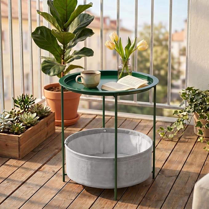 VECELO Round Side/End Table with Fabric Storage Basket，Metal Anti-Rust and Waterproof Small Bedside Nightstand with Removable Tray Top for Living Room，Balcony & Laundry，Dark Green /2pcs with Basket