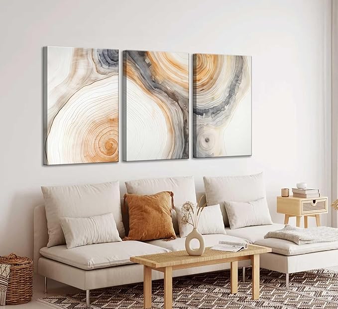3 Pcs Beige Tree Rings Canvas Wall Art Modern Neutral Abstract Geome Nature Tree Ring Paintings Pictures Wall Decor Poster Print Artwork for Living Room Bedroom Office Home Decoration