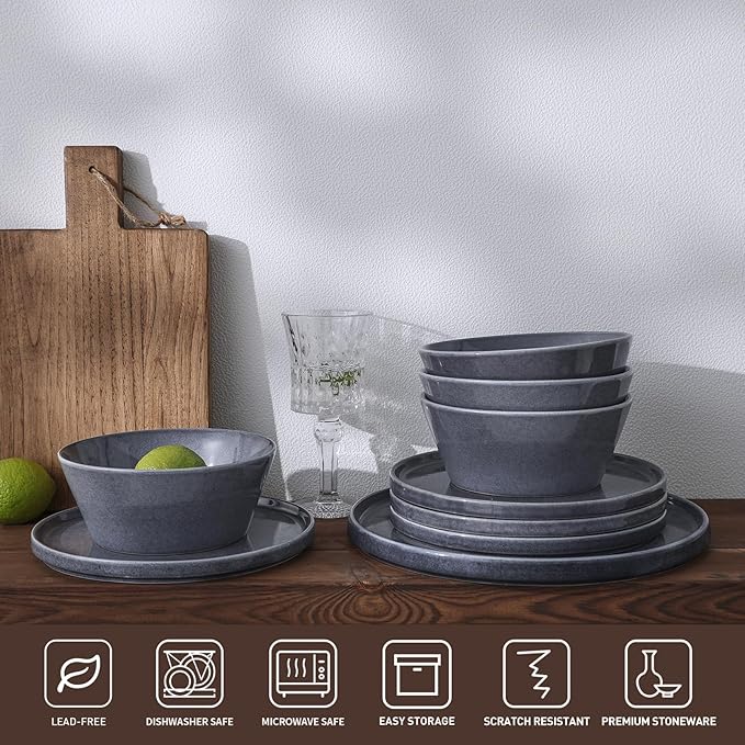 Famiware Annecy Plates and Bowls Sets, Stoneware Dinnerware Sets for 4, 12 Pieces Dish Set with Lipped Edges, Chip and Scratch Resistant, Microwave and Dishwasher Safe, Misty-Blue