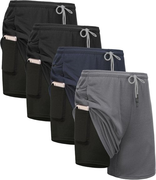 Kinglaman 2-In-1 Men's Running Shorts - Quick Dry Athletic Gym Shorts with Pockets | 4 Pack