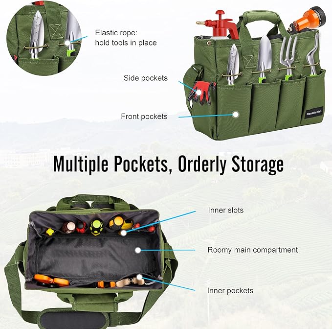 Housolution Garden Tote Bag, 900D Standable Gardening Tool Bag, Garden Tote Storage Bag with Pockets & Long Adjustable Shoulder Strap, Home Tools Organizer Garden Tool Kit Holder, 14 Inch