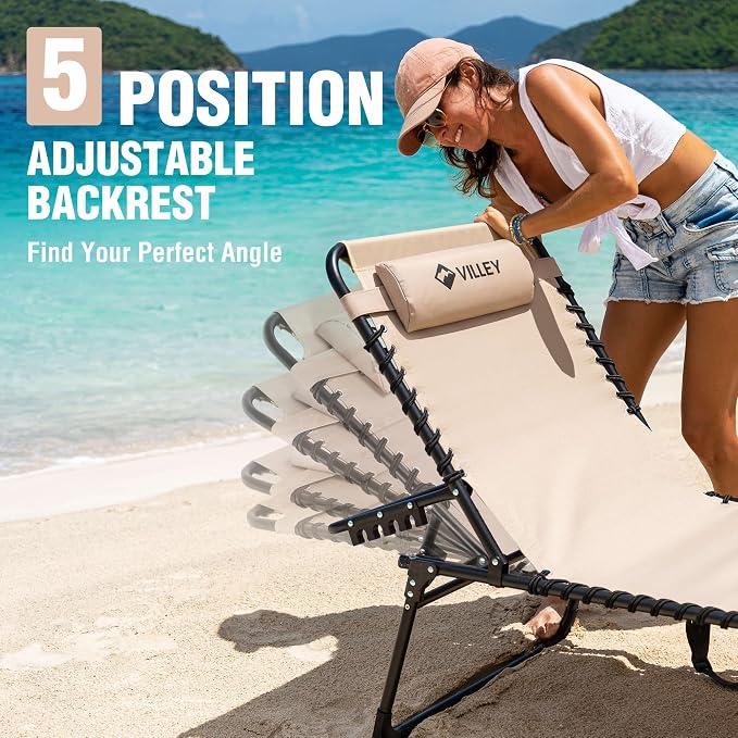 VILLEY Oversized Chaise Lounge Chair with Face Hole, Adjustable Reclining Beach Chair, Portable Tanning Chair, Outdoor Folding Sunbathing Chair for Patio Lawn Beach Pool