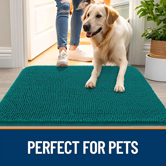 OLANLY Dog Door Mat for Muddy Paws 45x27, Absorbs Moisture and Dirt, Absorbent Non-Slip Washable Doormat, Quick Dry Chenille Mud Mat for Dogs, Entry Indoor Entryway Carpet for Inside Floor, Lake Blue