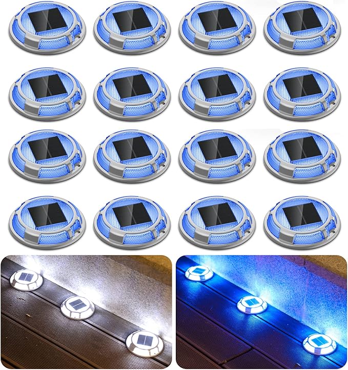 Solar Driveway Lights Dock Lights Waterproof 16 Pack, 2 Colors in 1 Outdoor LED Solar Deck Lights, Solar Powered Walk Way Light Road Marker for Warning Stair Pathway Patio Yard (Blue & White)