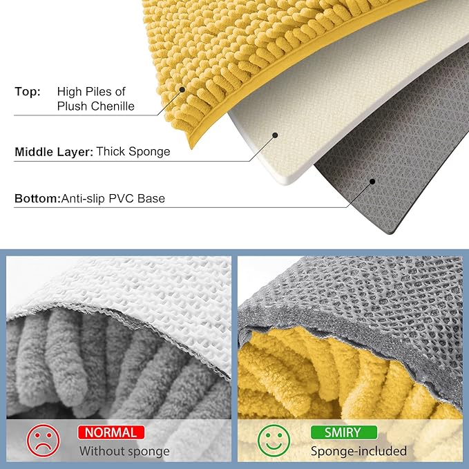 Smiry Luxury Chenille Bathroom Rugs 36x24, Extra Soft and Absorbent Shaggy Bath Mat, Machine Washable, Non-Slip Plush Carpet Runner for Tub, Shower, and Floor, Home Decor Accessories, Yellow